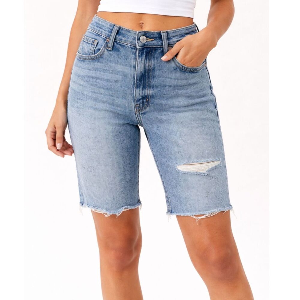 Lucky Brand High Rise Bermuda Shorts Denim Blue Distressed 4